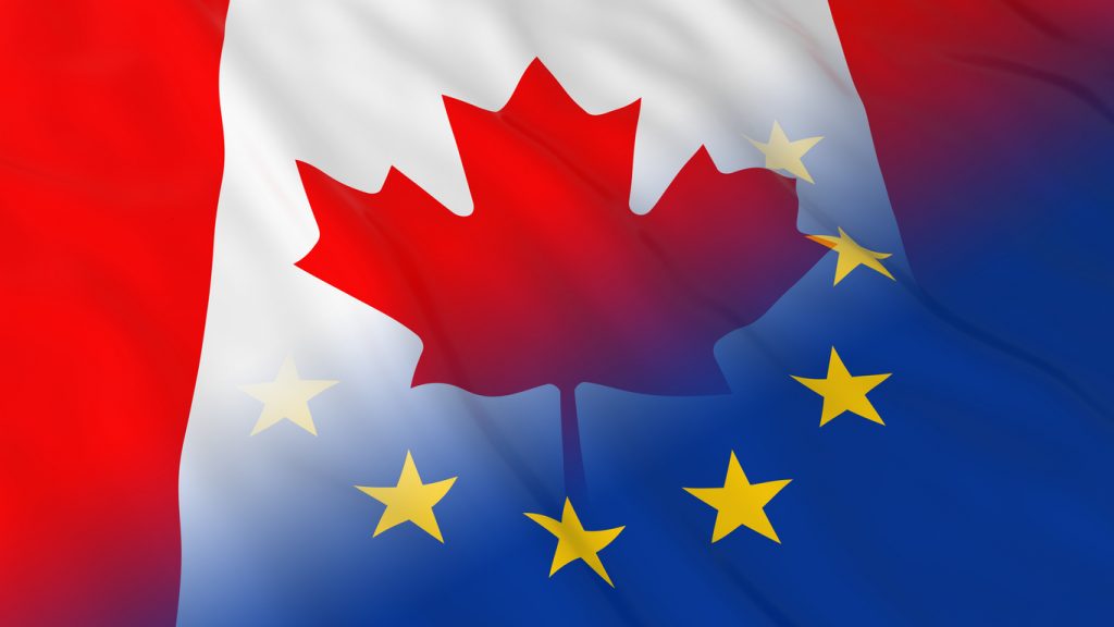 Canadian Flag overlapping the European Union flag after Brexit