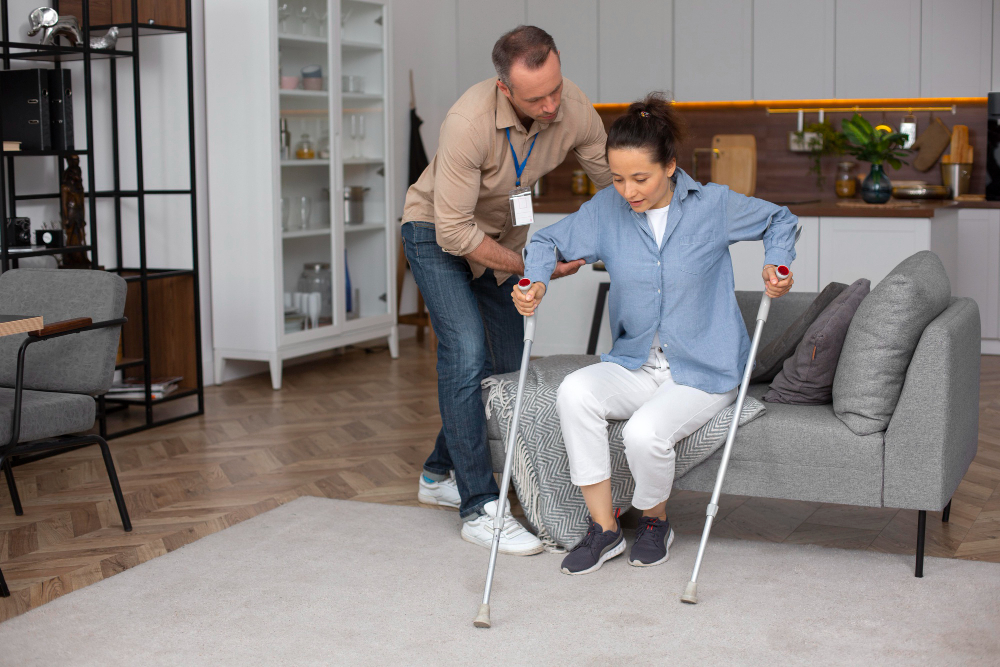 A woman in crutches getting help to get up from the couch