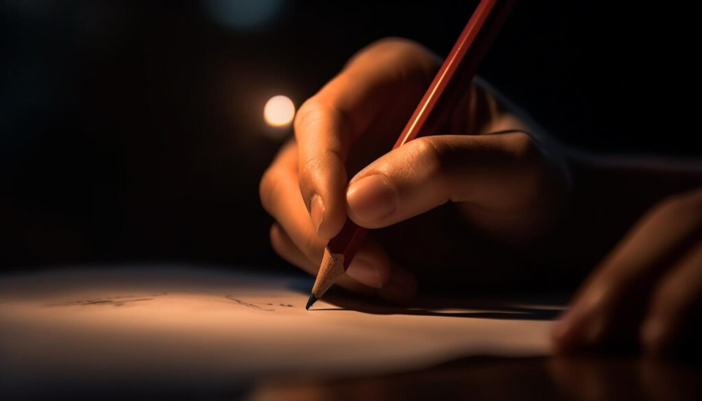 person writing a letter with dimmed light